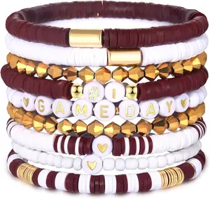 9 Pack Game Day Bracelets for Women Stackable Heishi Beaded Stretch Bracelet Football Sport Fan Bracelet Sports Game Team Jewelry Accessories Gifts