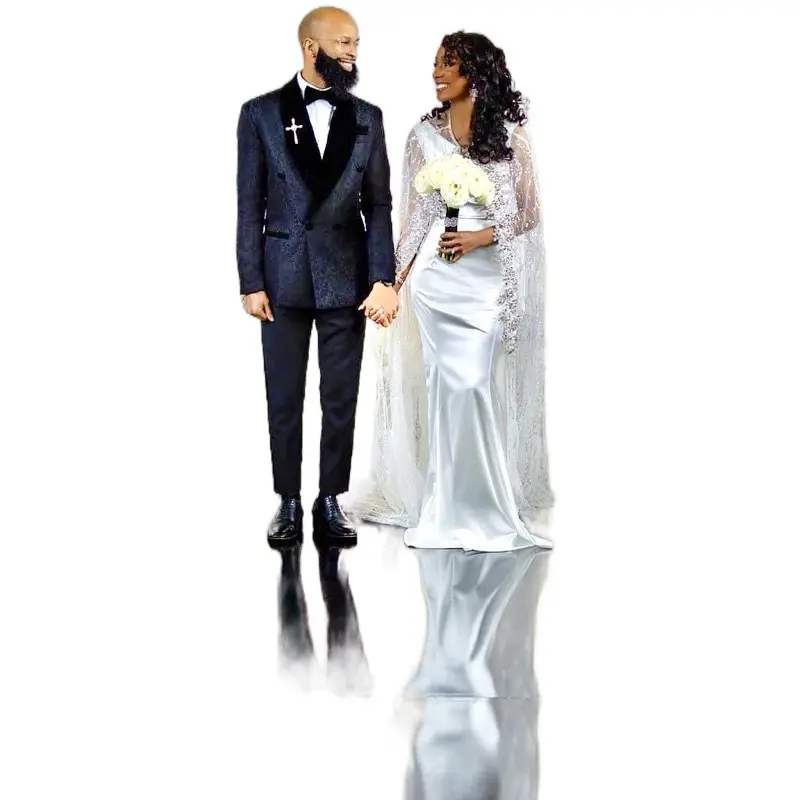 Elegant Wedding Dress and Tuxedo Package for Bride and Groom with Satin Finish and Bow Tie