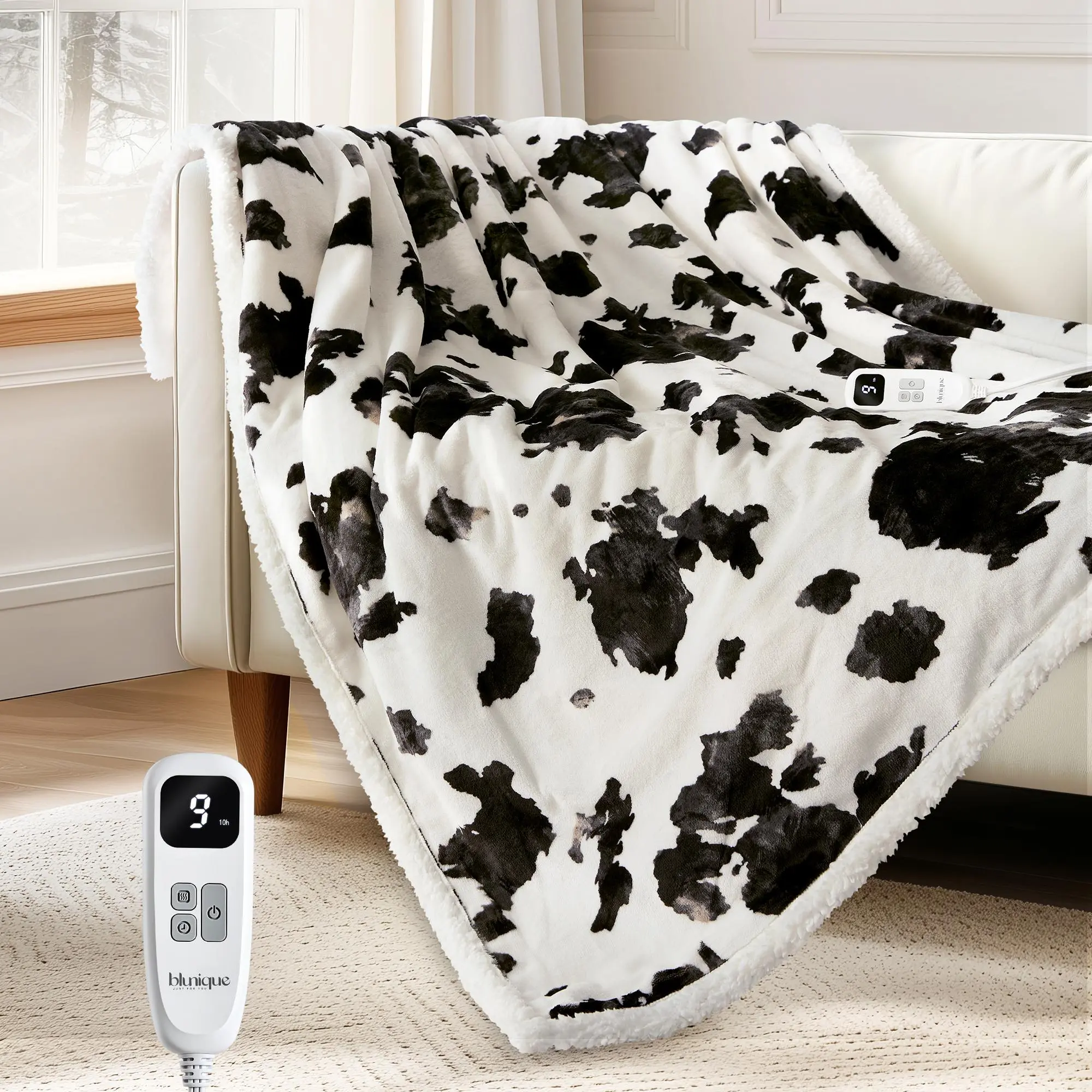 BLUNIQUE Cow Print Electric Heated Throw Blanket, 5 Heat Settings, 4-Hour Auto Shut-Off, Machine Washable Flannel and Sherpa Cozy Blanket for Couch, Bed, Bedroom, Living Room and Office