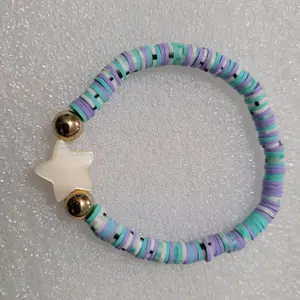 Clay Beads Bracelet with Shell Star and Gold Beads - Colorful Striped Design