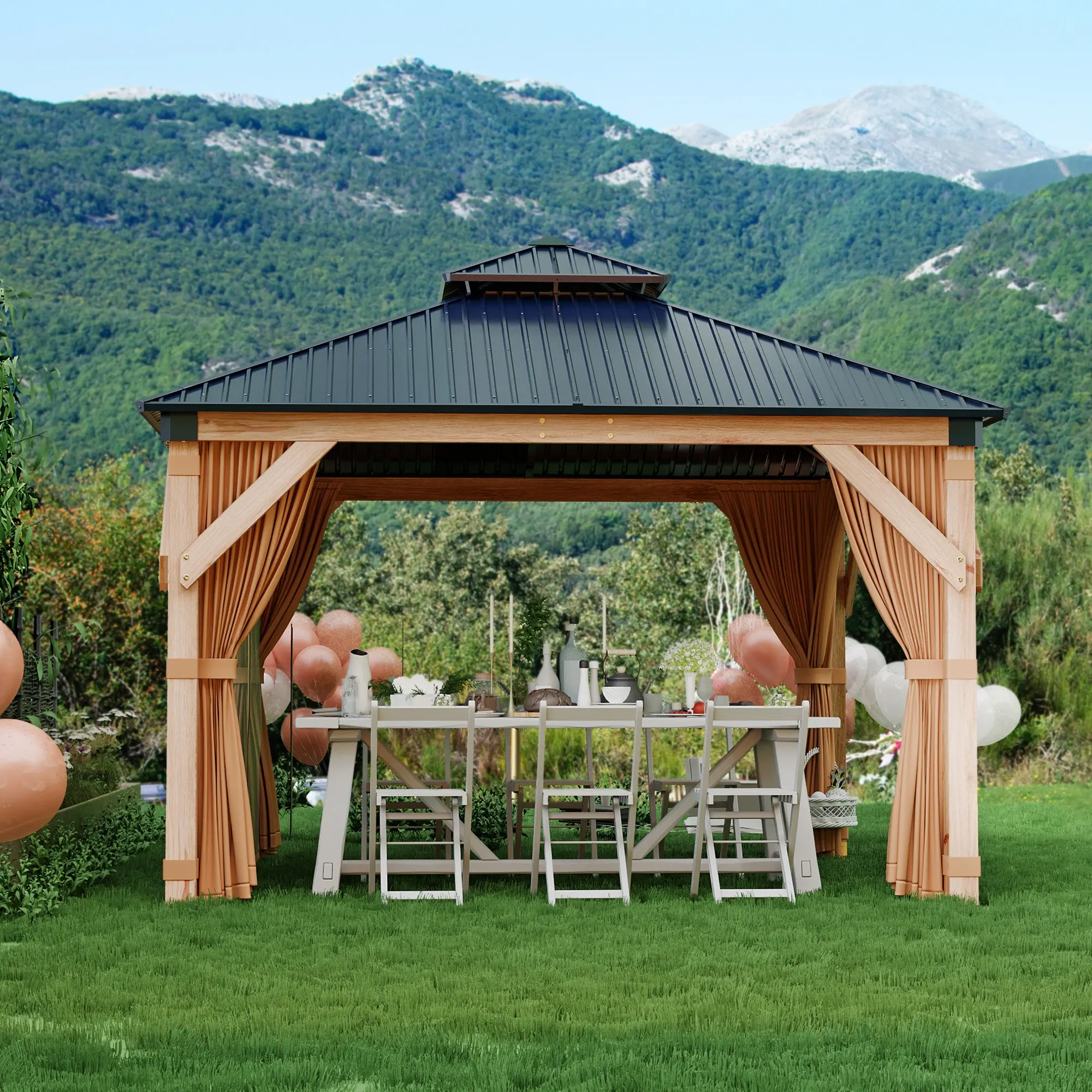 【GARVEE】10x10 FT Wooden Double Roof Gazebo Outdoor Canopy Shelter with 4-Post Design for Patio, Backyard, Garden & Wedding Parties