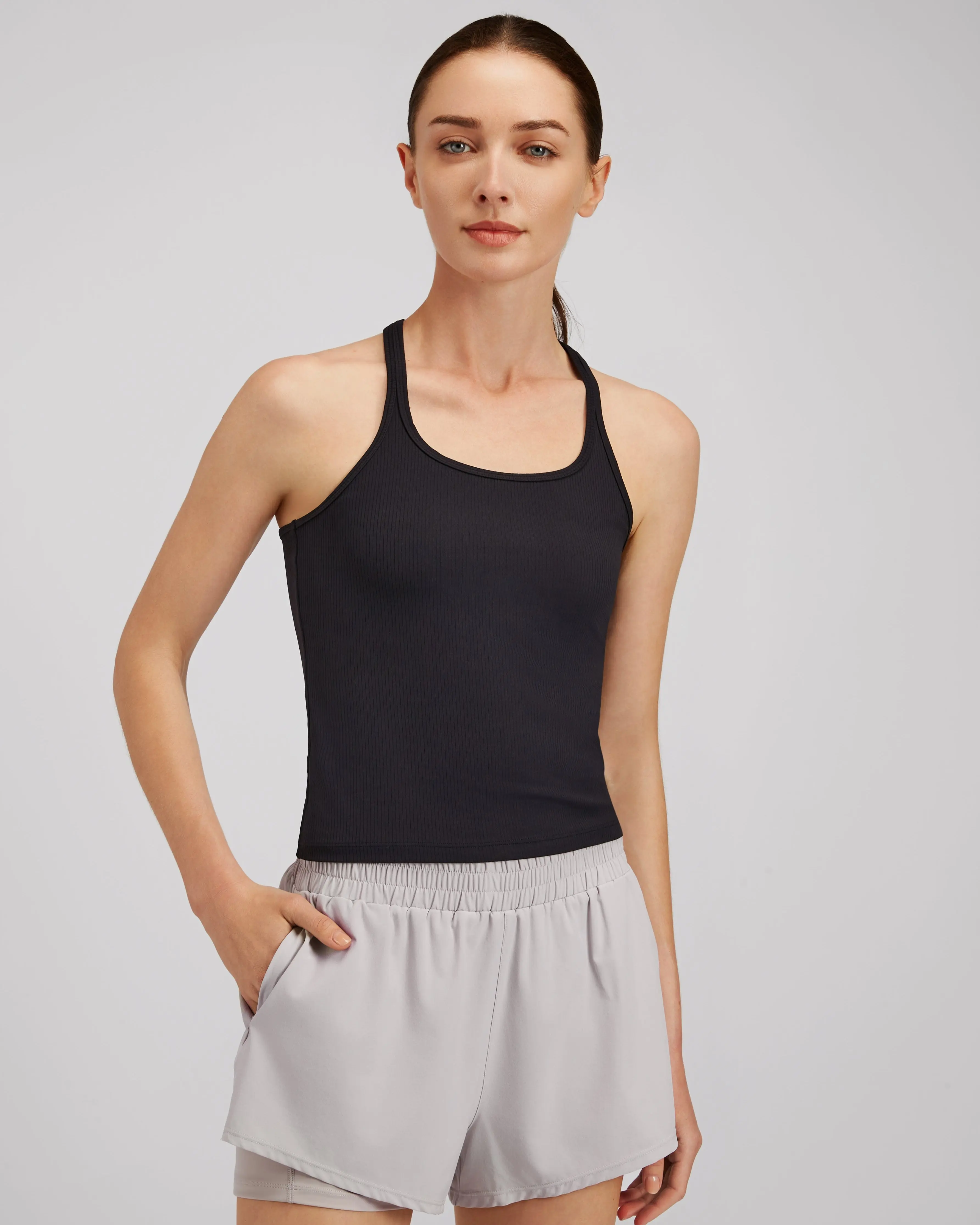 Women's Cropped Sleeveless Racerback Athletic Tank Top - 4-Way Stretch Fabric, Layer-Friendly, Pull-On, Breathable, Casual Gym Workout Top