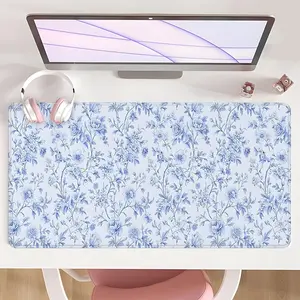 [Gaming Mouse Pad] Ultimate Blue Floral & White Vine Design Non-Slip MousePad Desktop Accessory For Desk With Rubber Base & Stitched Edge, Perfect For Home Office Use And Seasonal Gifting, Desk Accessories