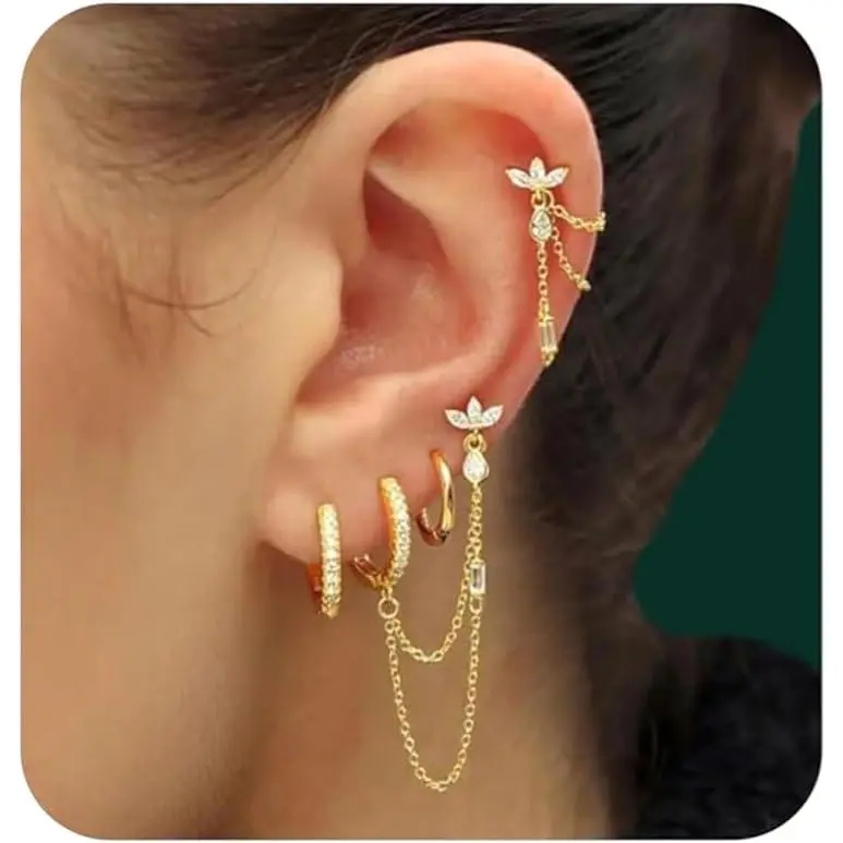 Women's 6PCS Gold Plated Earring Stack Set - Cartilage Chain, Helix Piercing, Flat Back, Multiple Piercing, Dangle Huggie Hoop Stackable Jewelry, Gold Plated Jewelry