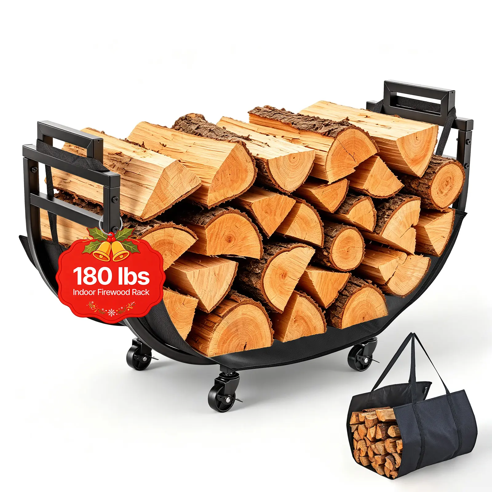 VEVOR Firewood Rack 31.69 Inch Heavy Duty Indoor Fire Wood Storage Holder, for Fireplace Patio Deck, 180 lbs Load Capacity, 4 Locking Swivel Casters, Log Stacker Stand Metal Wood Pile Organizer, Black#BacktoSchool