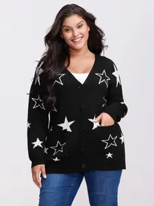 【Butter Soft 】 Bloomchic Supersoft Star Jacquard Pockets Button Knit Cardigan - Black, Loose Fit, High Stretch, Long Sleeve, Deep V-neck, Playful Style Womenswear Knitwear