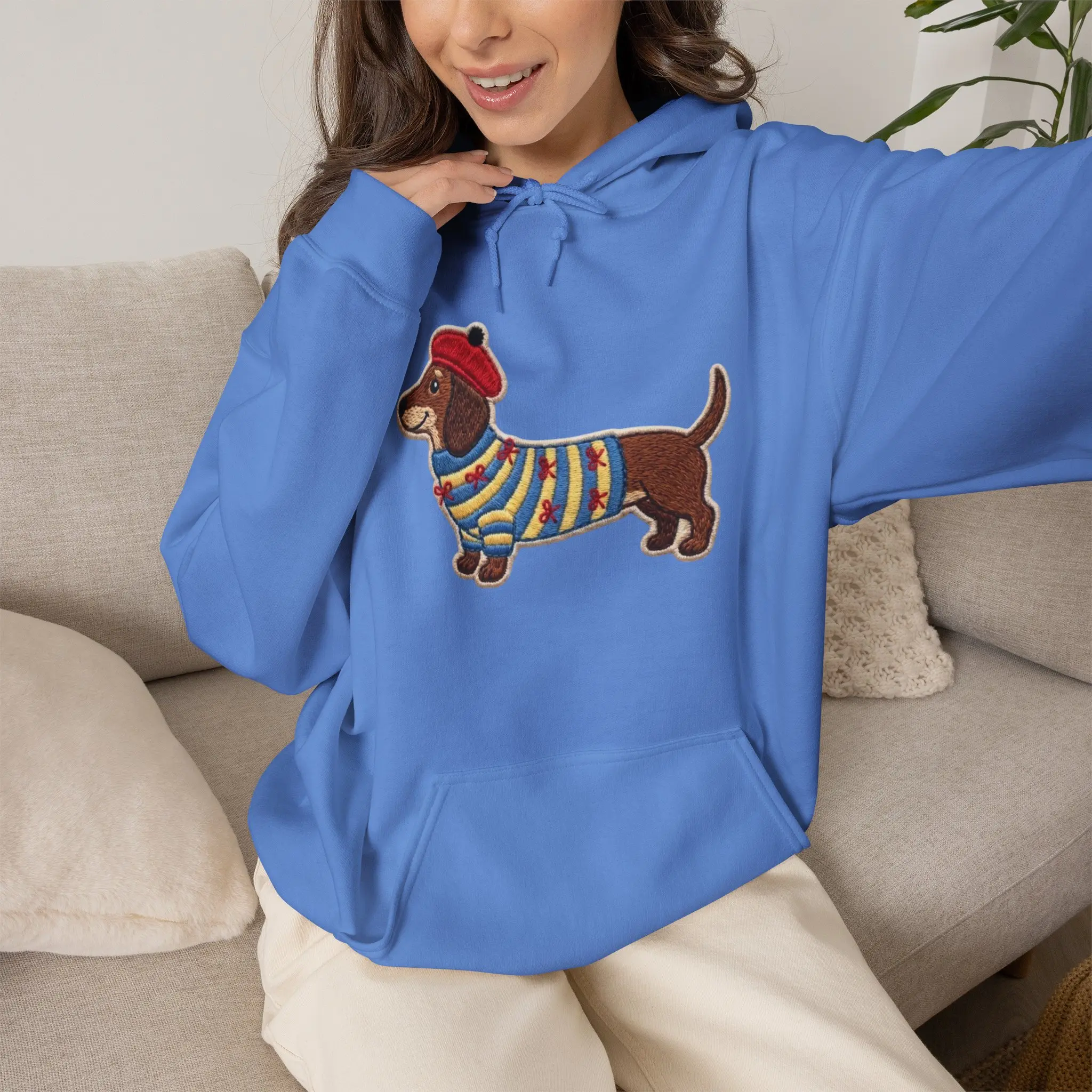 Dachshund in Striped Sweater and Beret Hoodie | Sausage Dog Illustration