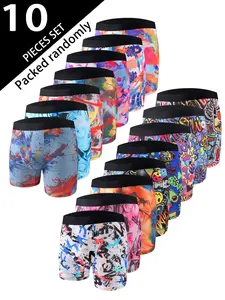 Random 10-Pack Men's Boxer Briefs, Stretchy Boxer Briefs, Comfortable Lightweight Fitted Mid-Waist Street Style Underwear, Trendy Fashion Geometric Graffiti Print Boxers, Streetwear Underwear