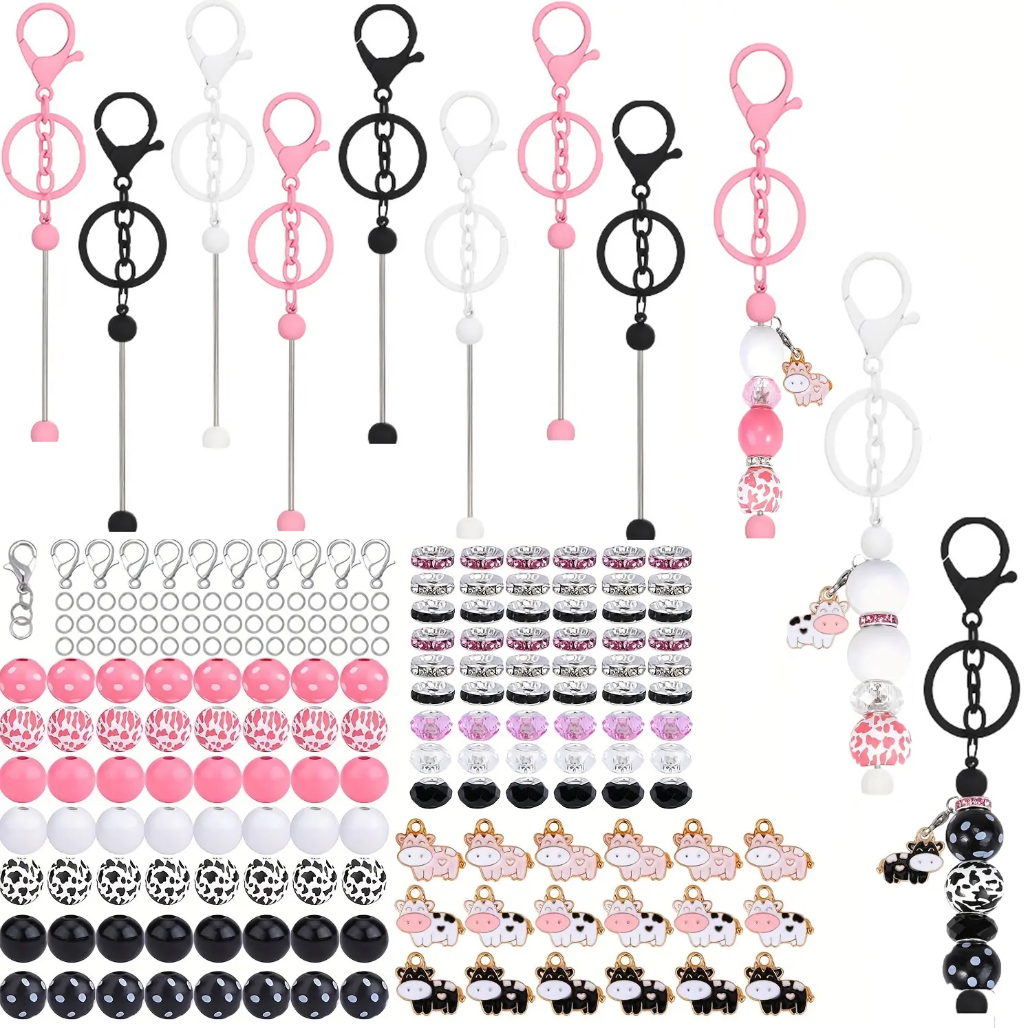 68/132 PCS Bead Keychain Set, DIY Bead Keychain Loose, Lobster Clasp, Opening Ring and Cow Pendant, Suitable for DIY Christmas Gifts Diy school office Supplies