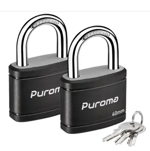 Puroma 2 Pack Keyed Padlock with 3 Keys Alike, 1.1 Inch Locker Lock 40mm Heavy-Duty Locks for Gate Fence Hasp Cabinet Toolbox School Gym Locker (Black)