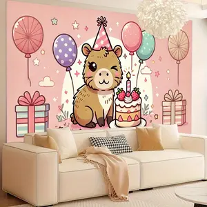 1pc 2D Flat Capybara Birthday Banner, Durable Polyester Backdrop Fabric, Cute Capybara Theme Party Decoration for Party Props, Photoshoots, Living Room