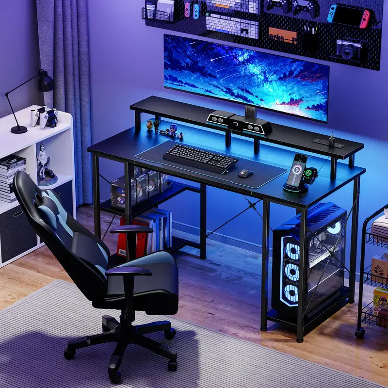 48 Inch RGB Gaming Desk with Power Outlets & LED Lights, Computer Desk with Dual Monitor Stand, Storage Shelves & CPU Holder, Black/White