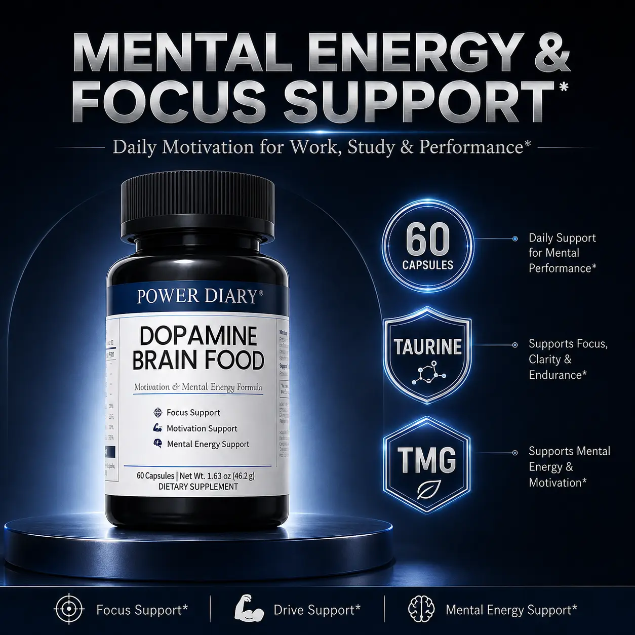 POWER DIARY Dopamine Brain Food, Dopamine Supplements & L-Tyrosine Supplement with L-Phenylalanine, Taurine, TMG, Vitamins B6 & B12, Focus & Mental Energy Support, 60 Capsules