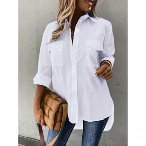 Plus Size Women's Solid Colour Long Sleeve Button Down Shirt Suitable for Daily Wear and Commuting