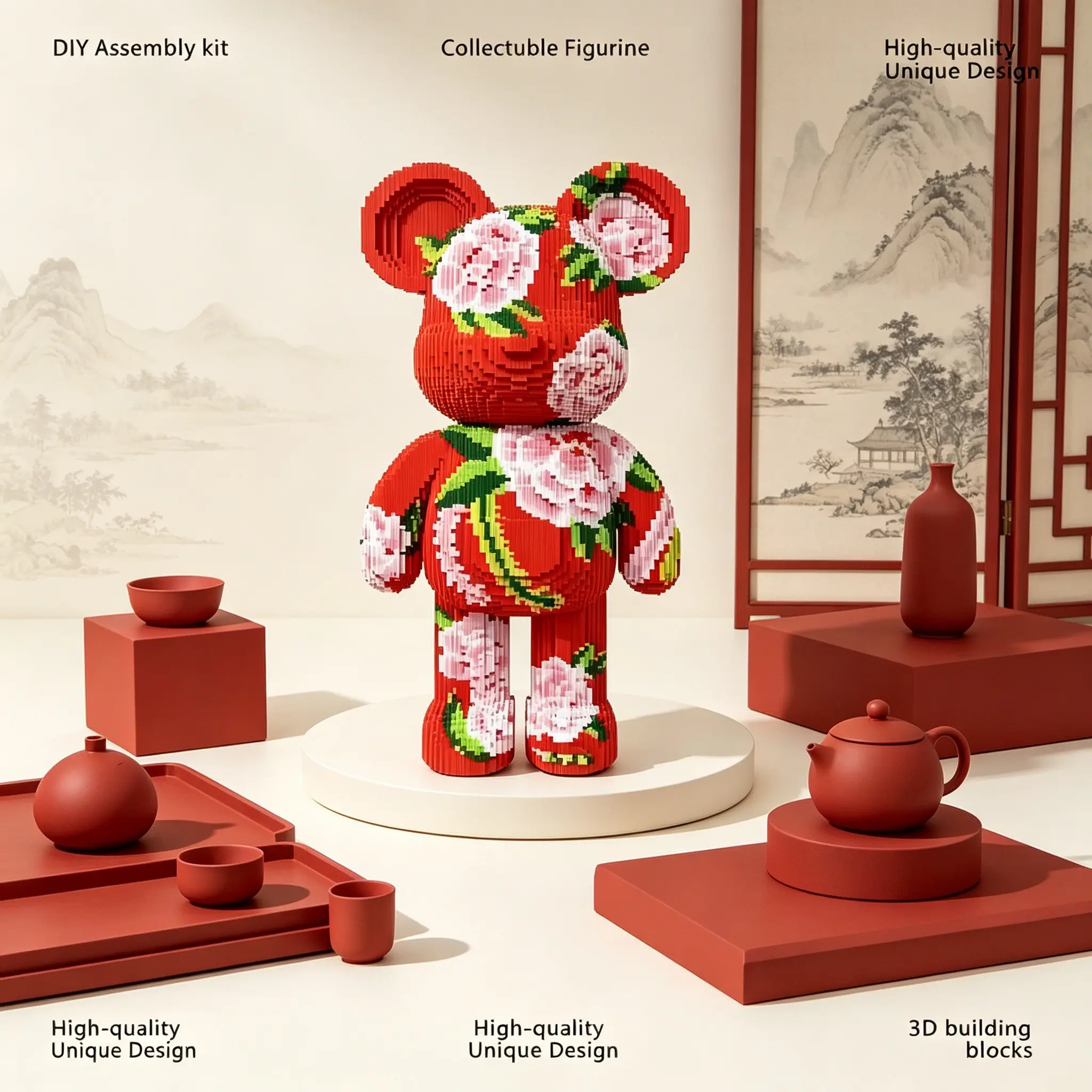 Flower Cotton Bear 3D Puzzle Building Blocks Decoration, Bookshelf Home Office Cabinet Decor, Party Living Room TV Stand Display