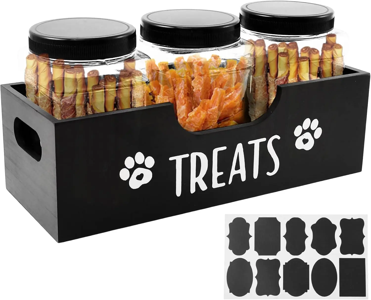 Dog Treat Container, Wood Dog Food Storage Containers with 3 Plastic Jar, Airtight Dogs Treat Jar, Pet Food Organizer for Pett Dogs and Cat