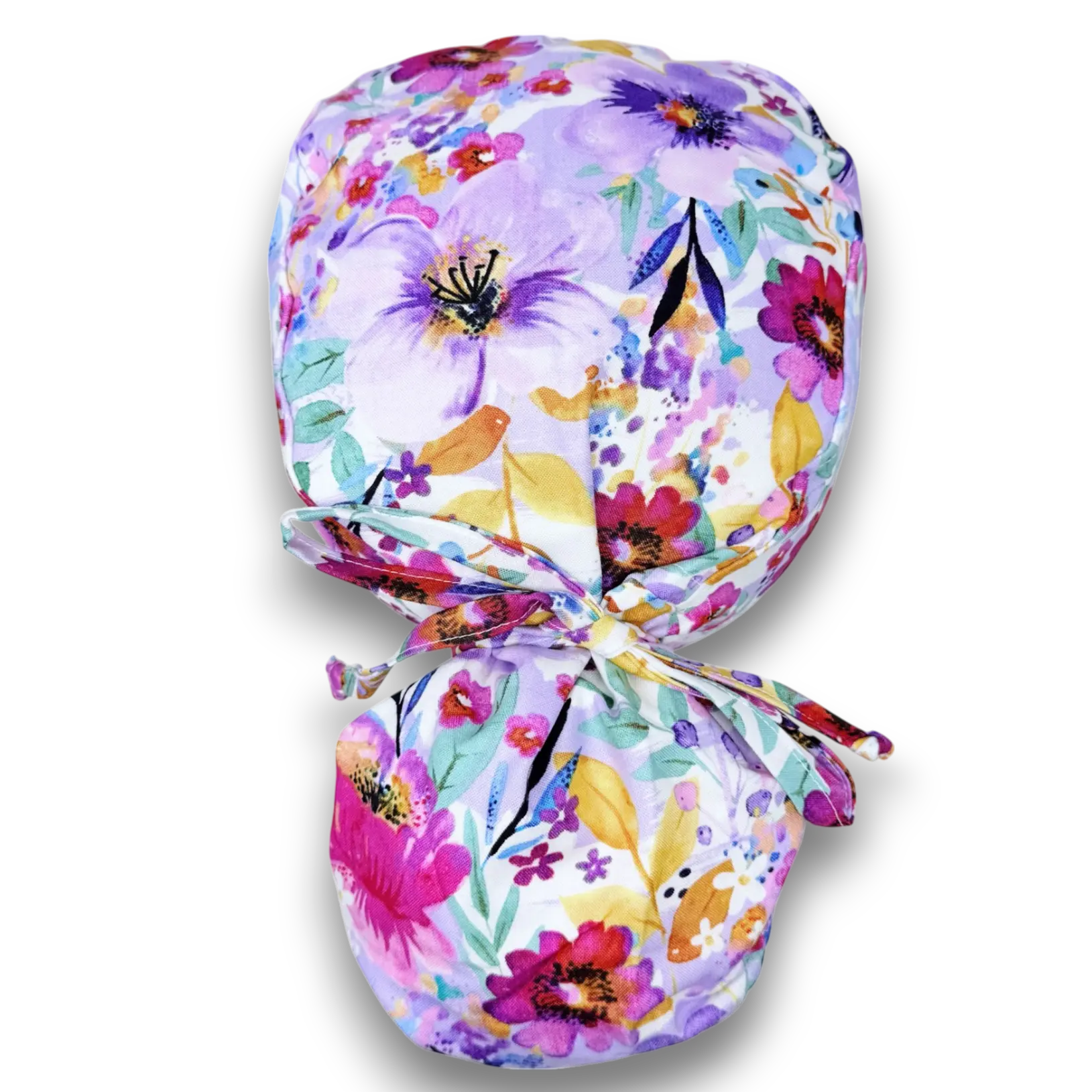 Purple flower Ponytail scrub cap for women with satin lined option by Paradise Caps.