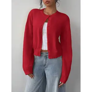 BASICS Plus Size Casual Solid Color Round Neck Long Sleeve Oversized Cropped Cardigan Sweater For Women,Tops For School In Fall/Winter