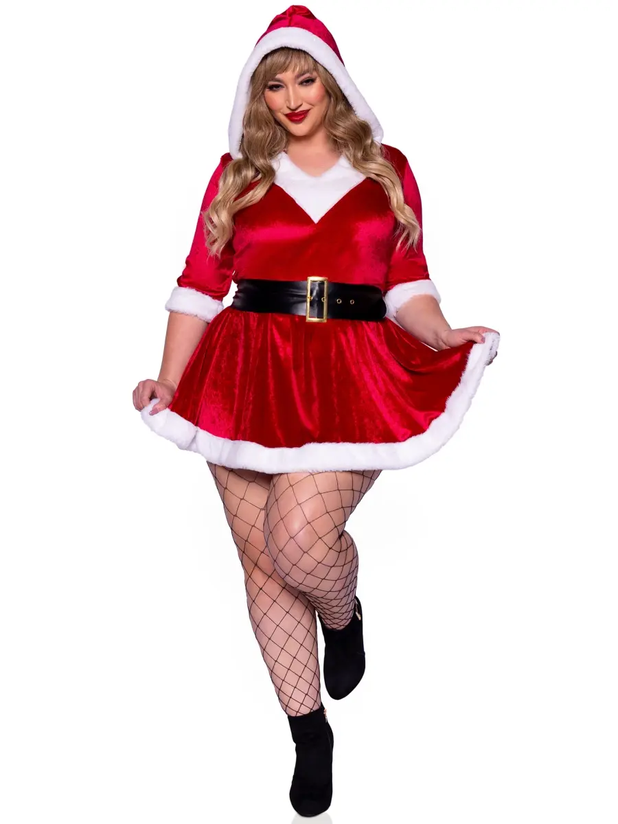 Women's Plus Size 4-Piece Striped Fluffy Velvet Mrs. Claus Costume Dress - Red & White, 3X-4X, Fitted V-Neck Top, Flared Skirt, Oversized Hoodie, Stockings, Faux Fur Trim Belt, Soft Fabric, Stylish