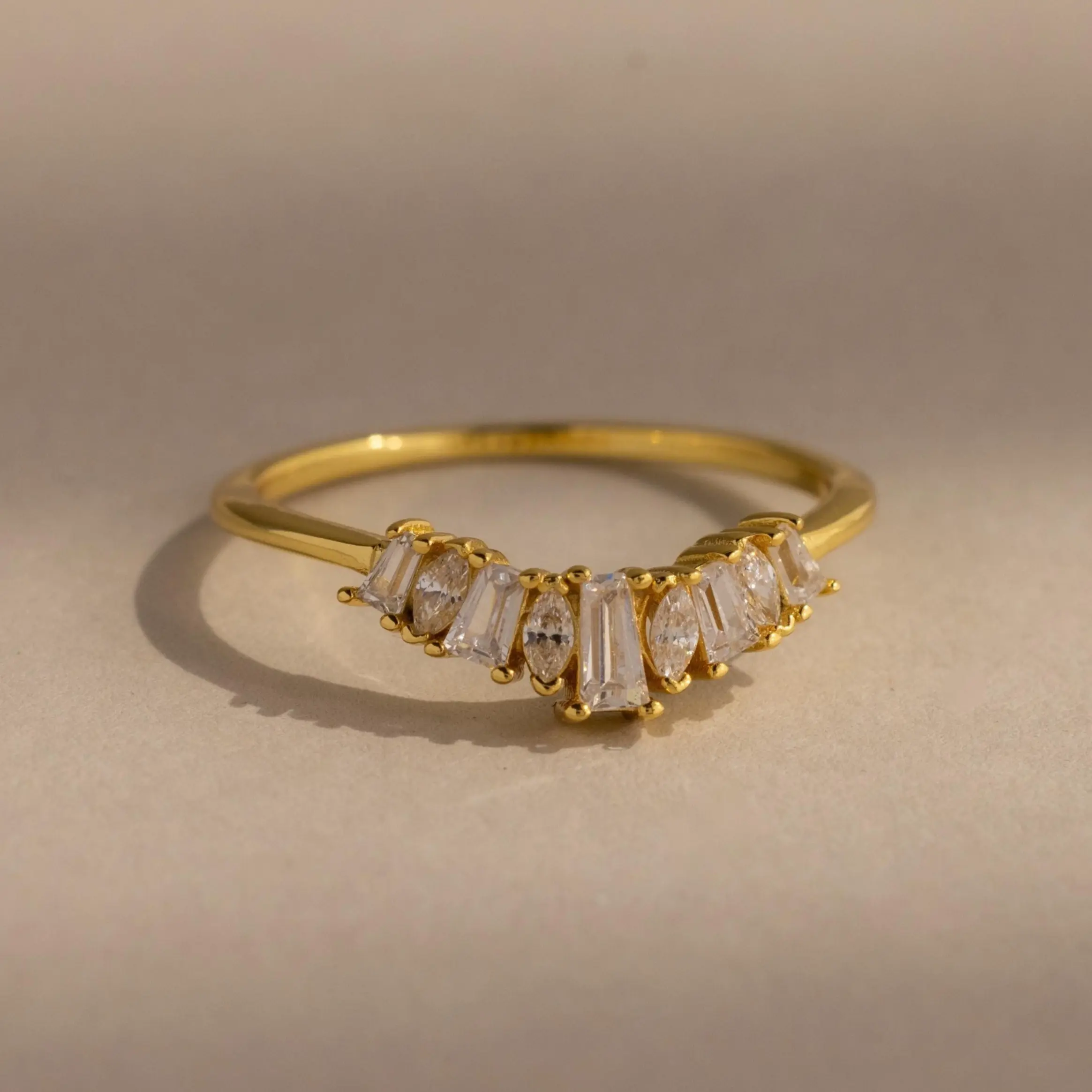 Art Deco Curve Diamond Ring by Caitlyn Minimalist - Dainty Baguette & Marquise Chevron Ring - 18K Gold Plated Engagement Ring - Delicate Crystal Wave Ring - Vintage Jewelry - Bridesmaid Gift