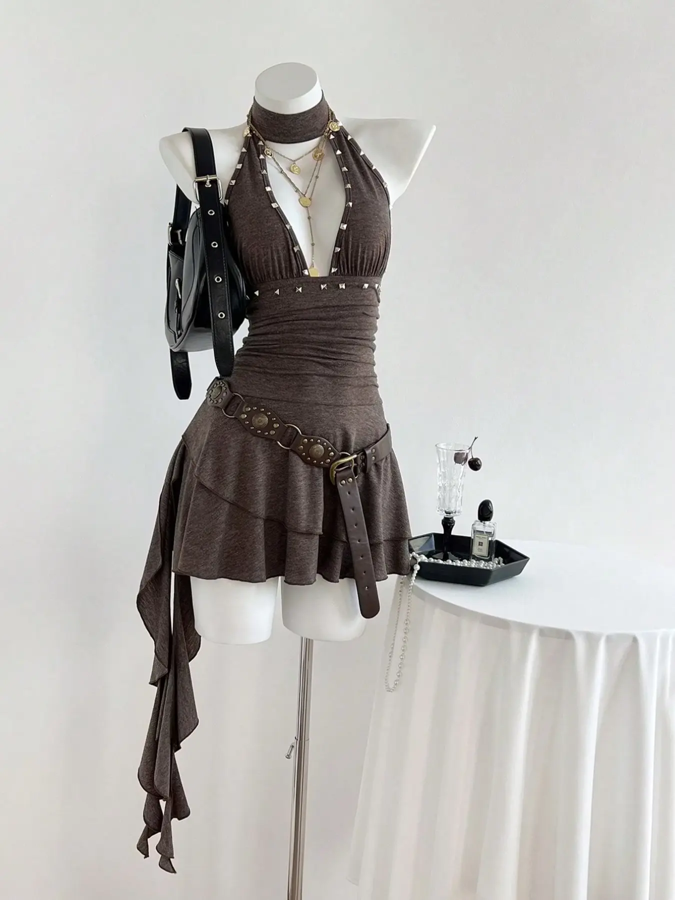 Women's Elegant Summer Halter V-Neck Ruffle Mini Dress, Sleeveless Backless Slim Fit, Perfect for Casual Wear, Chic Style, Womenswear, Dresses For Party, Casual Fitted Dress