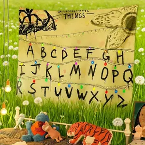 Vintage Stranger Things Glow Tapestry! Valentine Crads Alphabet Wall Decor, Star/Strawberry Lights, No-Damage Clips, Party Backdrop & Bedroom Decor Photo Colorful