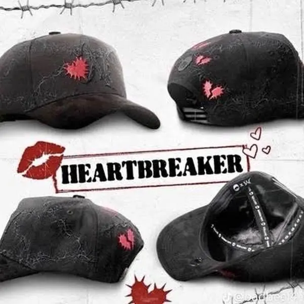 Heartbreaker Black Baseball Cap with Red Heart Design and Studded Detailing for Men