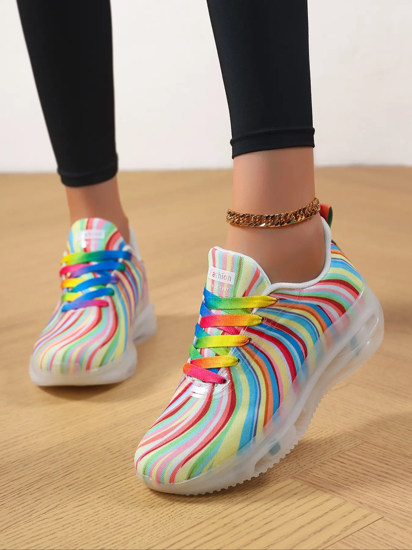 Women's Rainbow Flat Colorblock All Seasons Sneakers, Fashionable Comfort Breathable Design, Striped Jelly Sole, Lightweight Casual Shoes for Daily Wear & Outdoor Sports, Lightweight Athletic Sneakers