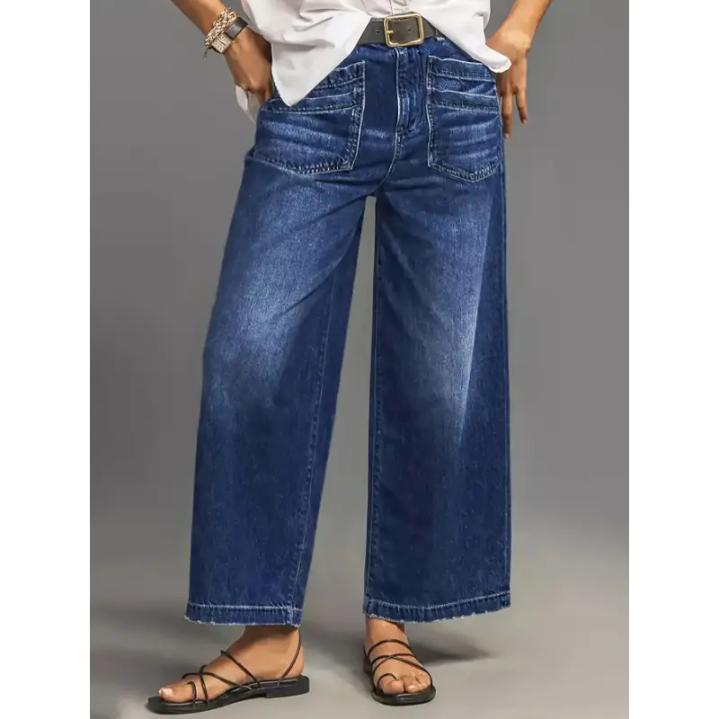 Women's Casual Jeans, High-Waist Slim Wide-Leg Pants in Cropped Stretch Denim with Button Fly and Raw Hem, Elastane, All Seasons, Wide-Leg Jeans, Cotton, Jean Pants, Wide-Leg Cut