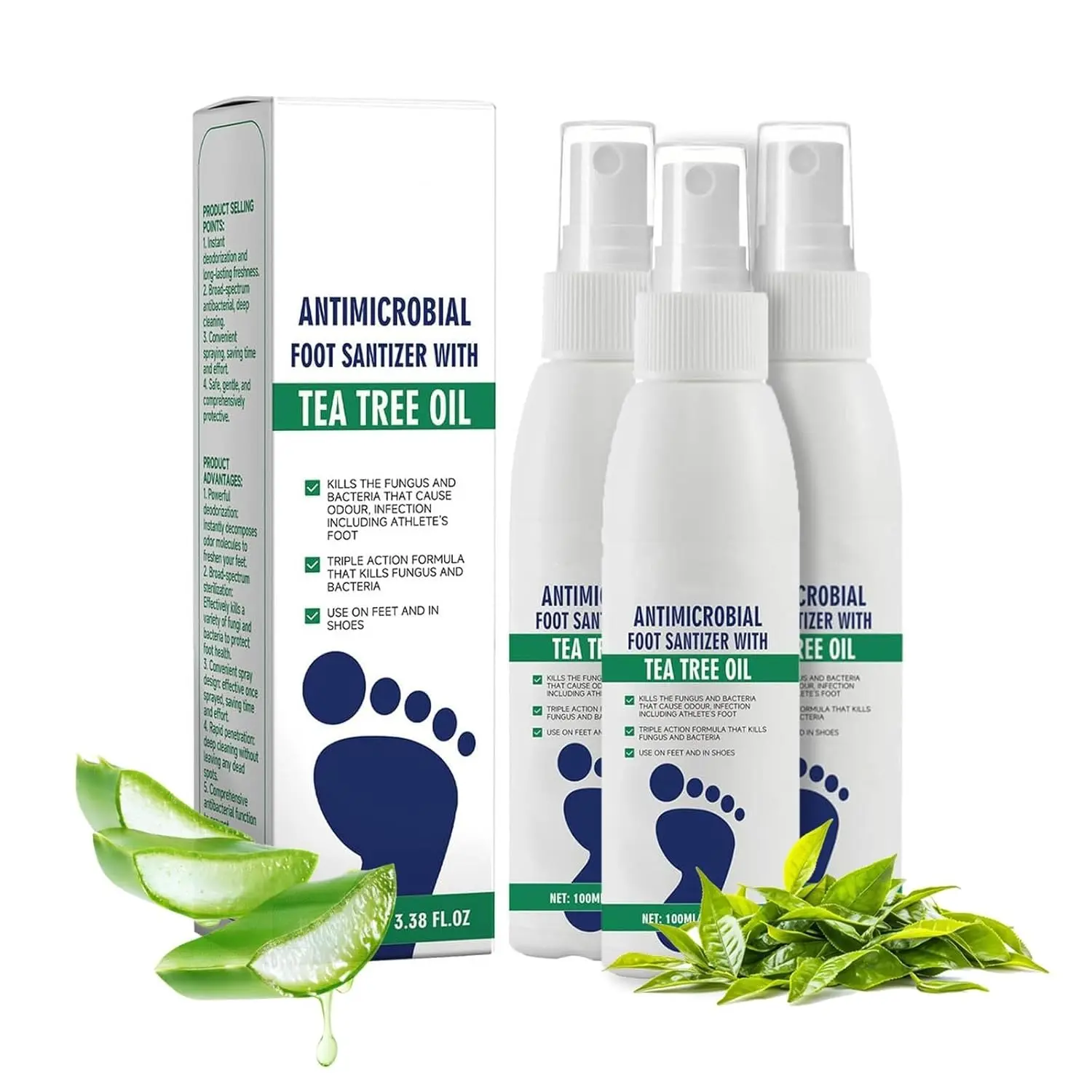 （3 bottles）Tea Tree Oil Foot Spray — Plantar moisturizing deodorant for odor control and dry feet care; natural foot sanitizer with antifungal properties; Ximonth Clear Foot Sanitizer Spray for fresh feet and shoes