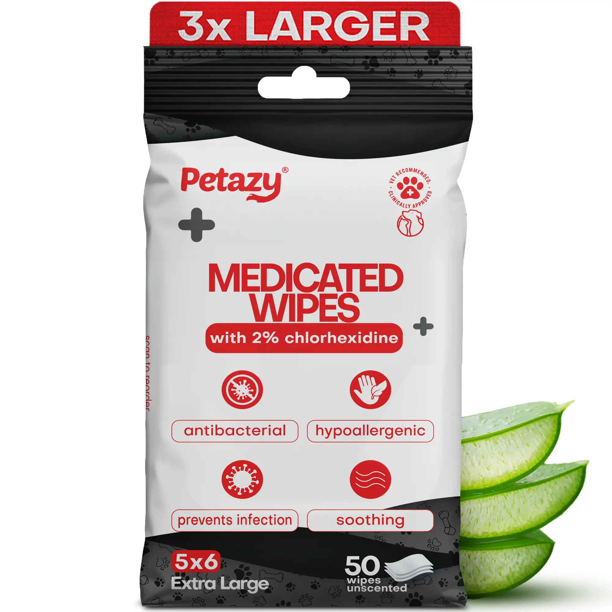 Medicated Dog Wipes with 2% Chlorhexidine | Antibacterial & Antifungal | For Itchy Skin, Hot Spots & Odor | 3X Larger – Petazy