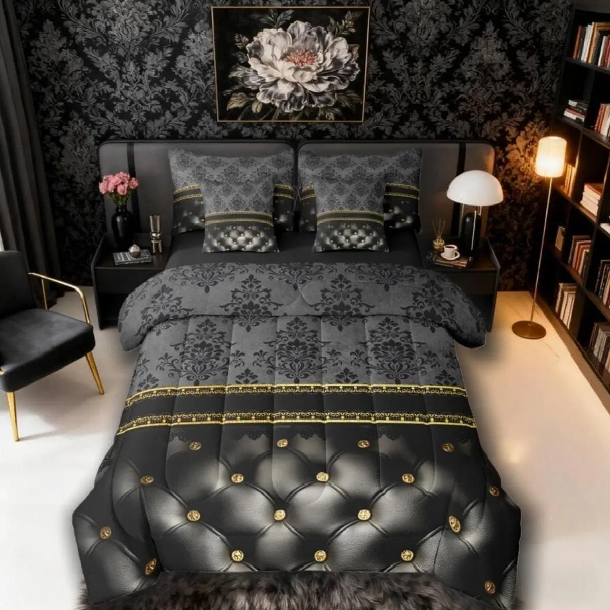 Feelyou 7-Piece Black Damask Microfiber Bedding Set - Luxury Grey-Golden Texture Pattern, Gothic Antique Floral Bed Sheets Set, Queen Size Decorative Bedding, Gothic Bedding Sets