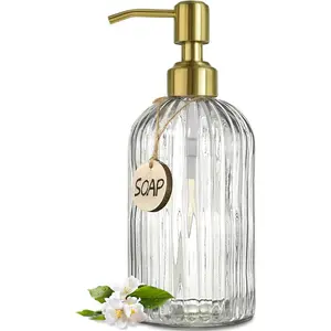 18Oz Glass Soap Dispenser with Golden Pump for Kitchen,Refillable Liquid Hand soap Dispenser with Vertical Stripe, Clear Soap Dispenser Bathroom for Hand soap, Dish Soap, Lotion