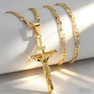 14K Gold-Plated Jesus Cross Pendant Necklace - Vintage Style, Smooth Charm Jewelry for Men, Ideal for Prayer & Holiday Blessings, Everyday Jewelry|Elegant Pendant|Durable Chain, Jesus Necklace