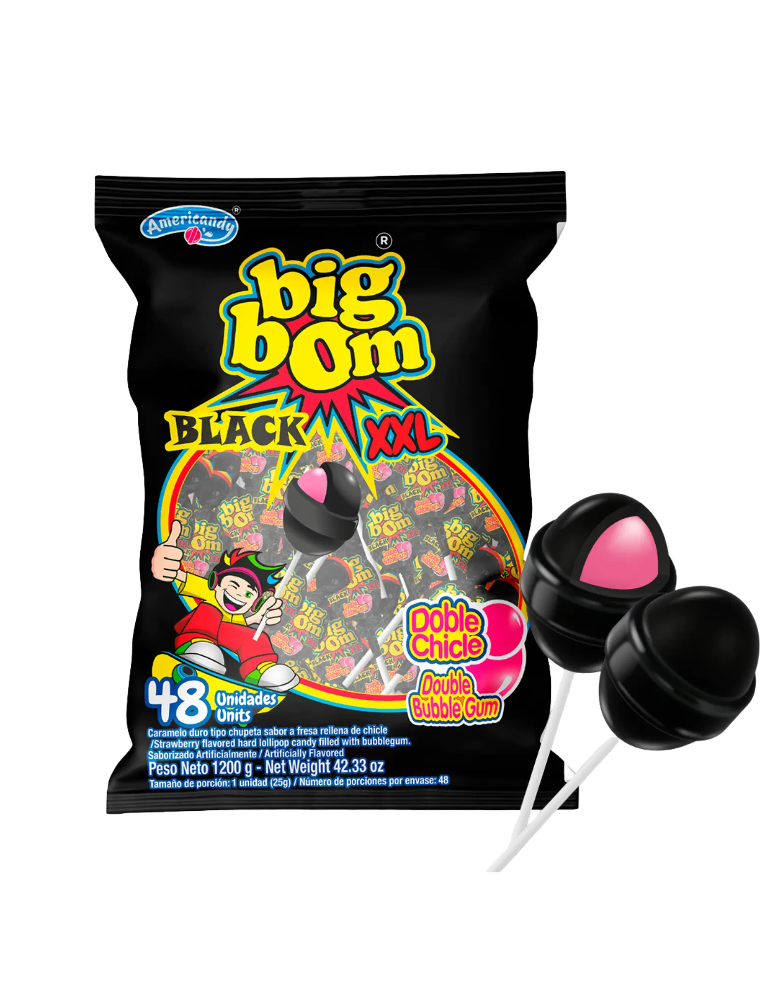 Americandy XXL Lollipops, Black, Strawberry Flavor Americandy XXL Lollipops, Black, Strawberry Flavor