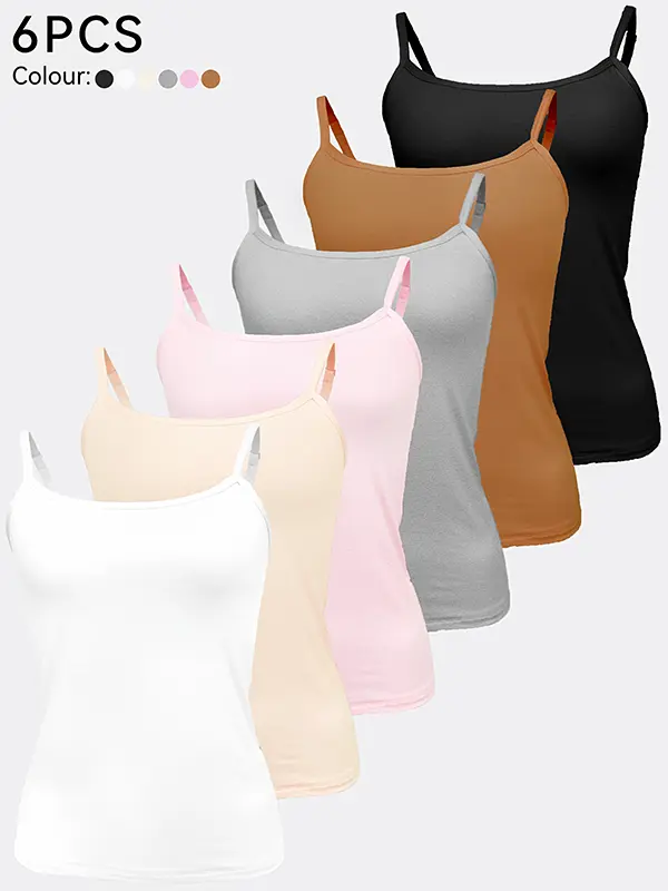 Women's Fitted Modal Camisole Tank Tops, 6pcs Solid Spaghetti Strap Sleeveless Summer Essential Base Shirts