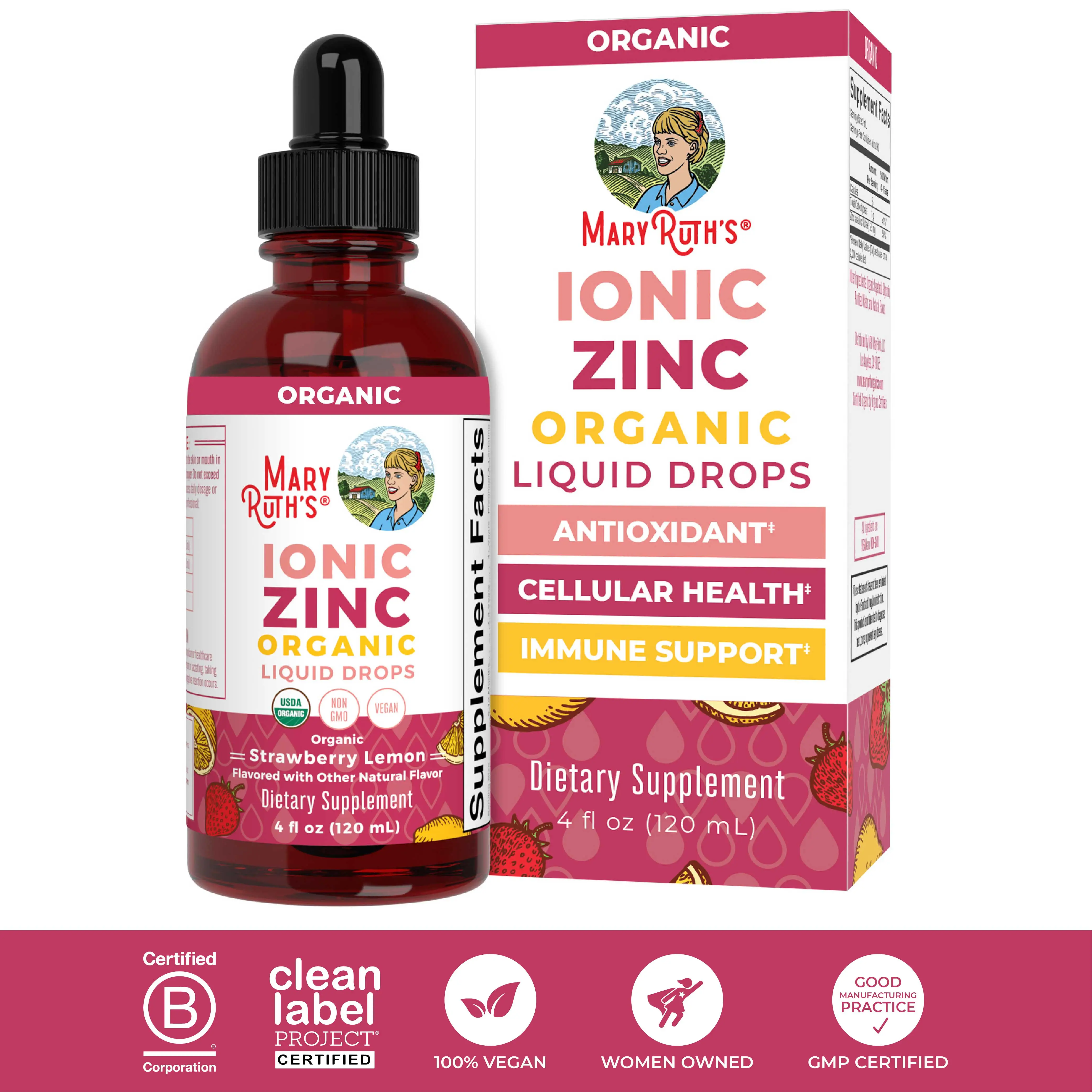 MaryRuth's Organic Liquid Ionic Zinc Drops - Strawberry Lemon Flavored - Immune Support - Zinc Sulfate - 40 Day Supply - Skin Care - Vegan - Gluten Fr