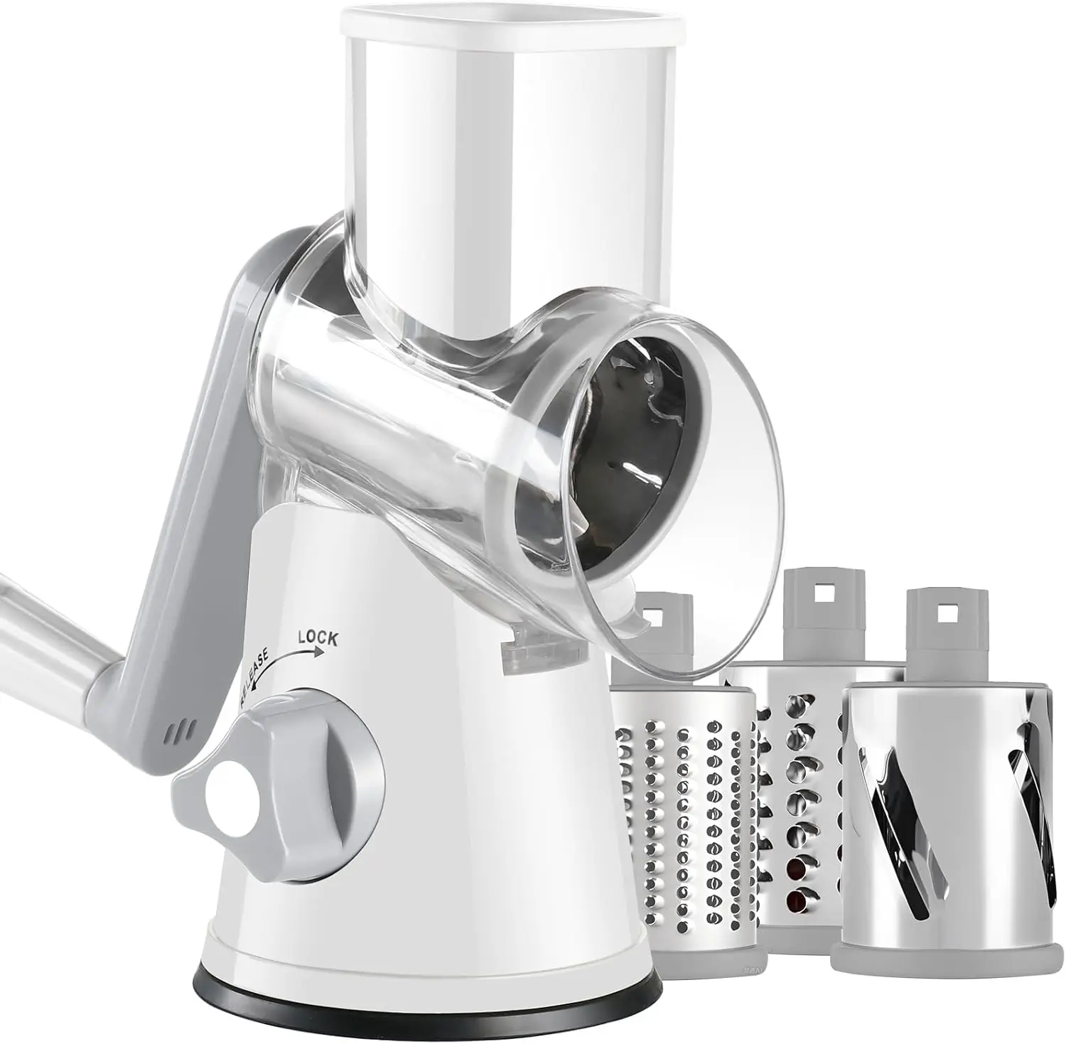 Rotary Cheese Grater with Handle, Kitchen Speed Hand Crank Vegetable Slicer Potato Hash Brown Shredder Spinning Nut Grinder with 3 Replaceable Stainless Steel Drum Blades (White)