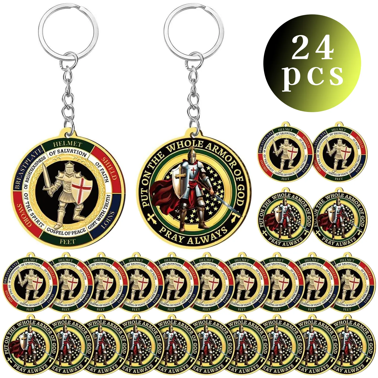 LINNO Brand 24pcs PU Leather Christian "Put on the Whole Armor" Military Motif Chain Accessory Keychains - Compound Alloy Chain, Religious Gift for Men, Multipack