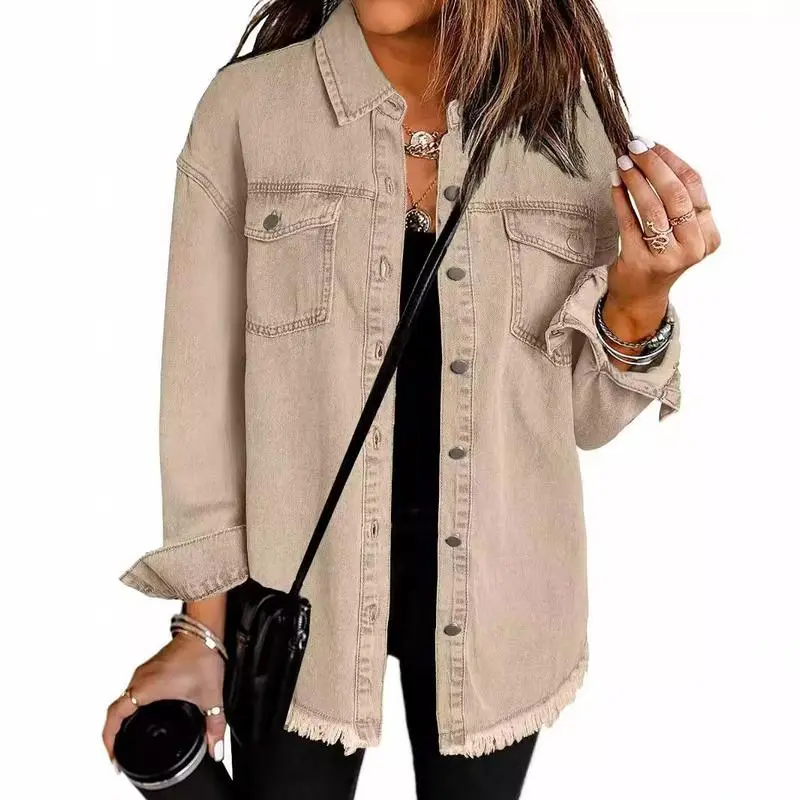 Women's Button Up Frayed Hem Shacket Long Sleeve Pockets Denim Jean Jacket Fit Casual