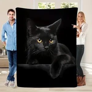 Comfortable vintage black cat printed flannel blanket - soft, warm, tear resistant, machine washable, versatile home decor for all seasons, essential for camping trips - the perfect gift for cat lovers, friends, and family, made of fabric