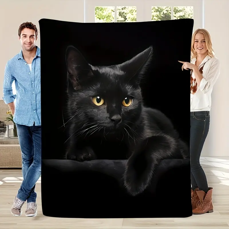Vintage Black Cat Printed Flannel Blanket - Soft, Warm, Durable, Tear-Resistant, Machine-Washable Home Decor Bedding - Ideal for Camping, Christmas, Thanksgiving Gifts for Cat Lovers, Family, Friends (Animal-Themed)