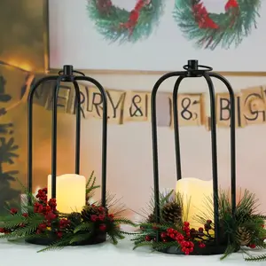 2 Pack Christmas Lanterns with LED Candles Black Metal Lanterns for Indoor Outdoor Holiday Decor Tabletop Mantel Display with Pinecones Berries and Foliage - Hanging