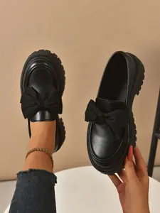 Women's Bowknot Accent Thick Sole Loafers, Trendy PU Platform Design Shoes, Comfortable Casual Footwear, Stylish All-Season Sneakers