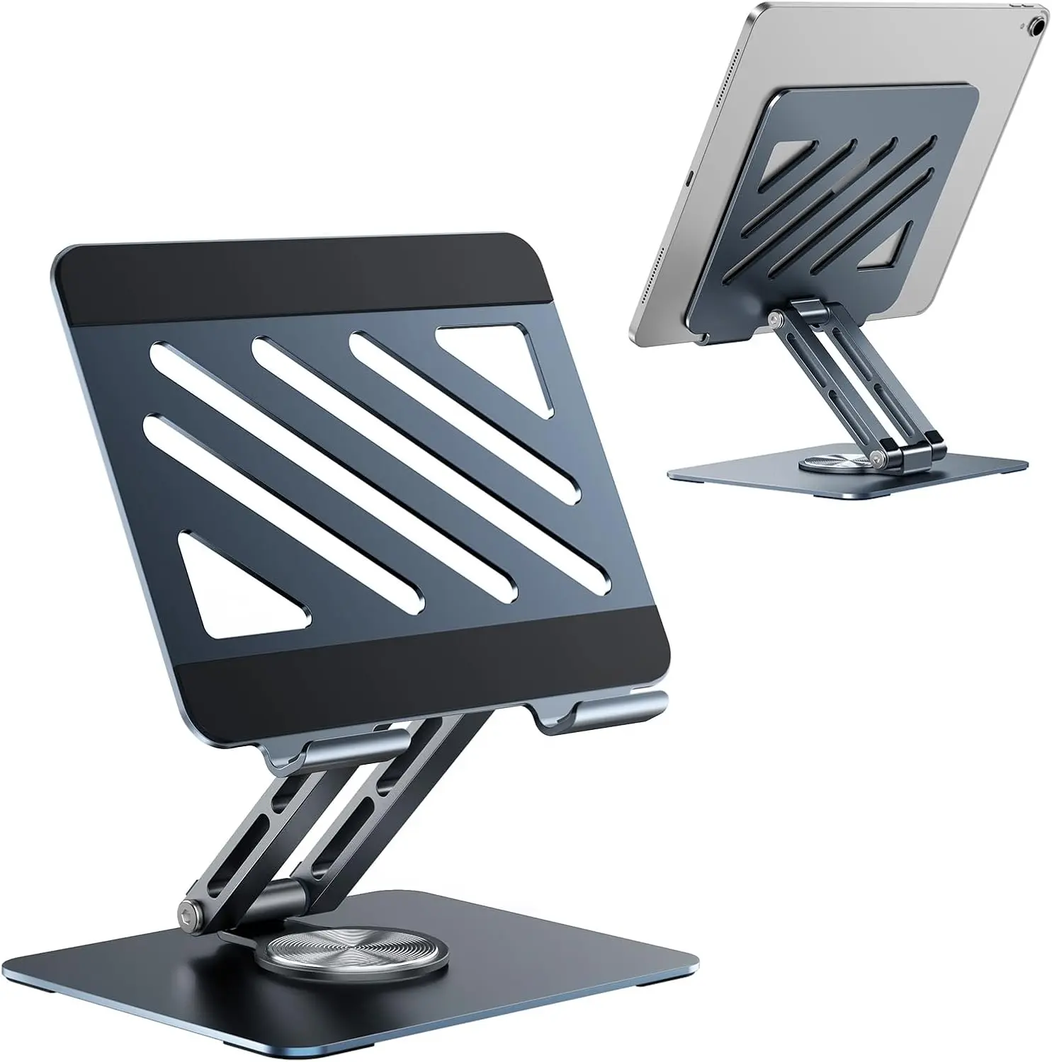 TIGRIS 360° Rotating Tablet Stand for iPad, Foldable Aluminum Desk Stand with Height & Angle Adjustment, Portable Holder for Office, Meetings, Kitchen, Compatible with iPad, Kindle, Surface, Gray
