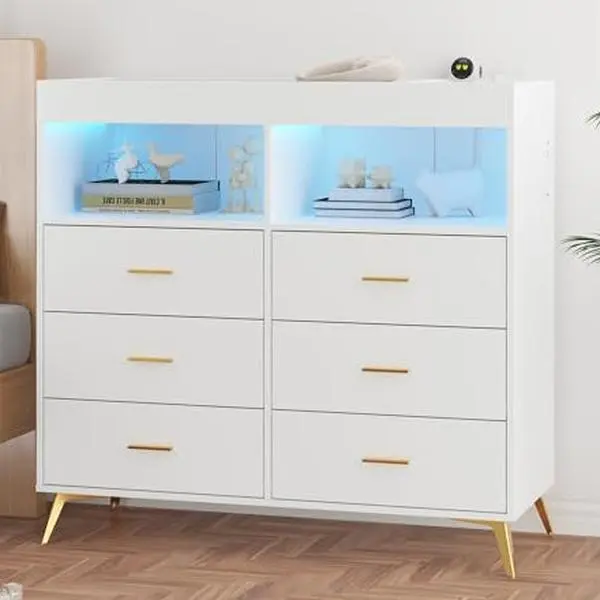 GARVEE Multi-Functional Dresser and Changing Table with LED Lights, Power Outlet, and Ample Storage, Ideal for Nursery Organization, Available in Black and White Finishes.