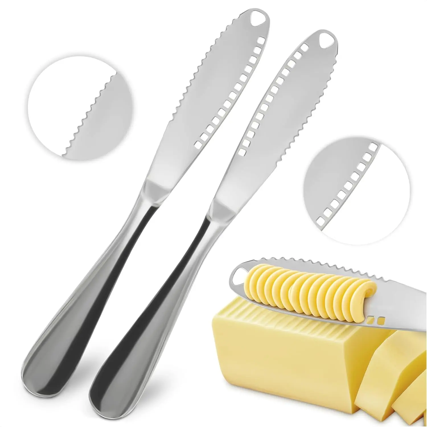 2 PCs Butter Knife Spreader – 3 in 1 Stainless Steel Butter Knives with Grater Blade and Holes for Spreading and Slicing – Cheese Spreader Knives with Corrosion-Resistant Finish and Easy-Grip Handle