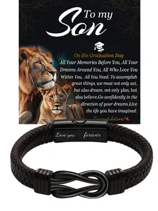 Graduation gift for the class of 2026, men's leather and stainless steel knot bracelet with a black premium gift box, an eternal symbol of love and encouragement, the braided leather bracelet is a suitable graduation gift for your son.