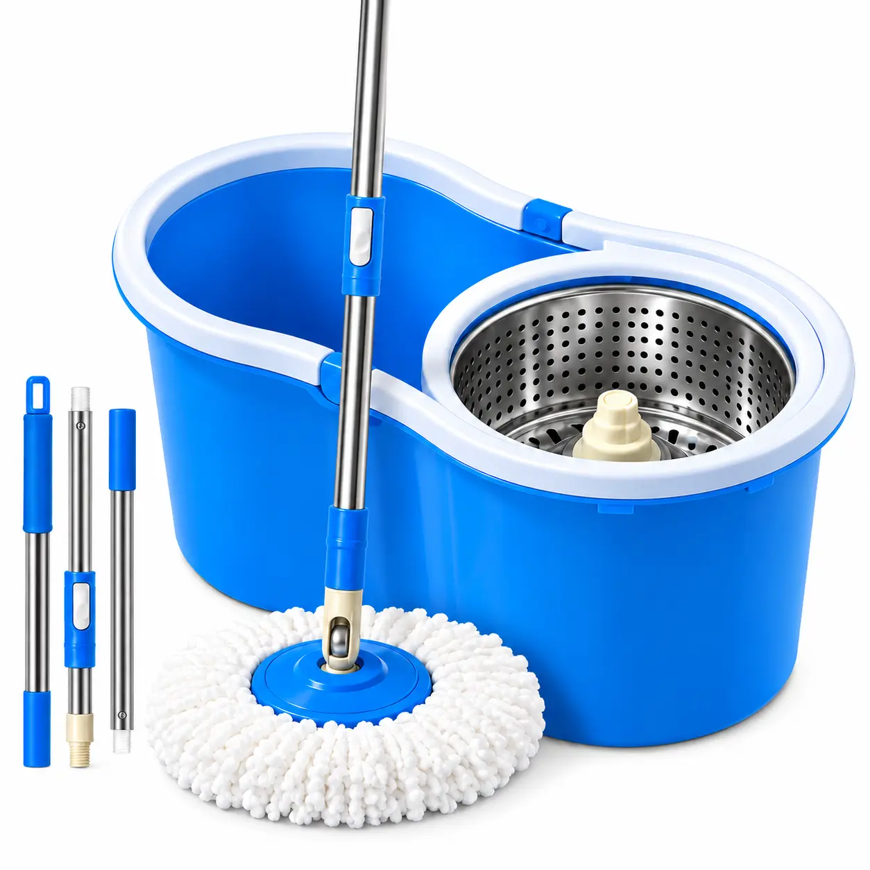 Spin Mop and Bucket Set with Stainless Steel Handle, Microfiber Mop Head, 360° Rotating Floor Mop for Wet & Dry Cleaning, Hardwood Tile Laminate Floors