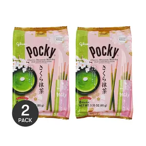 2Packs GLICO Pocky Chocolate Coated Biscuit Sticks - Sakura Matcha Flavor - Limited Edition Cherry Blossom